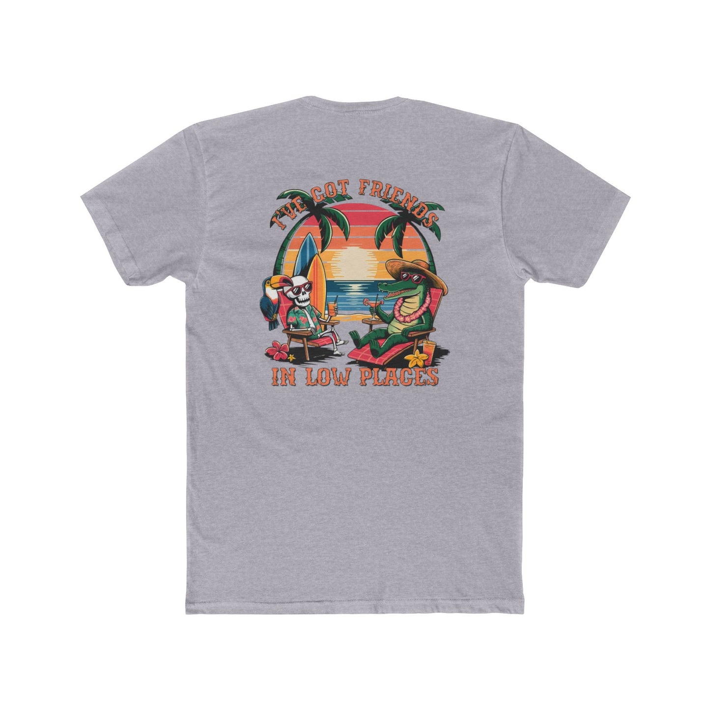 T-Shirt — Tropical 'Got Friends in Low Places' Graphic Tee (Retro Sunset, Palm Trees)