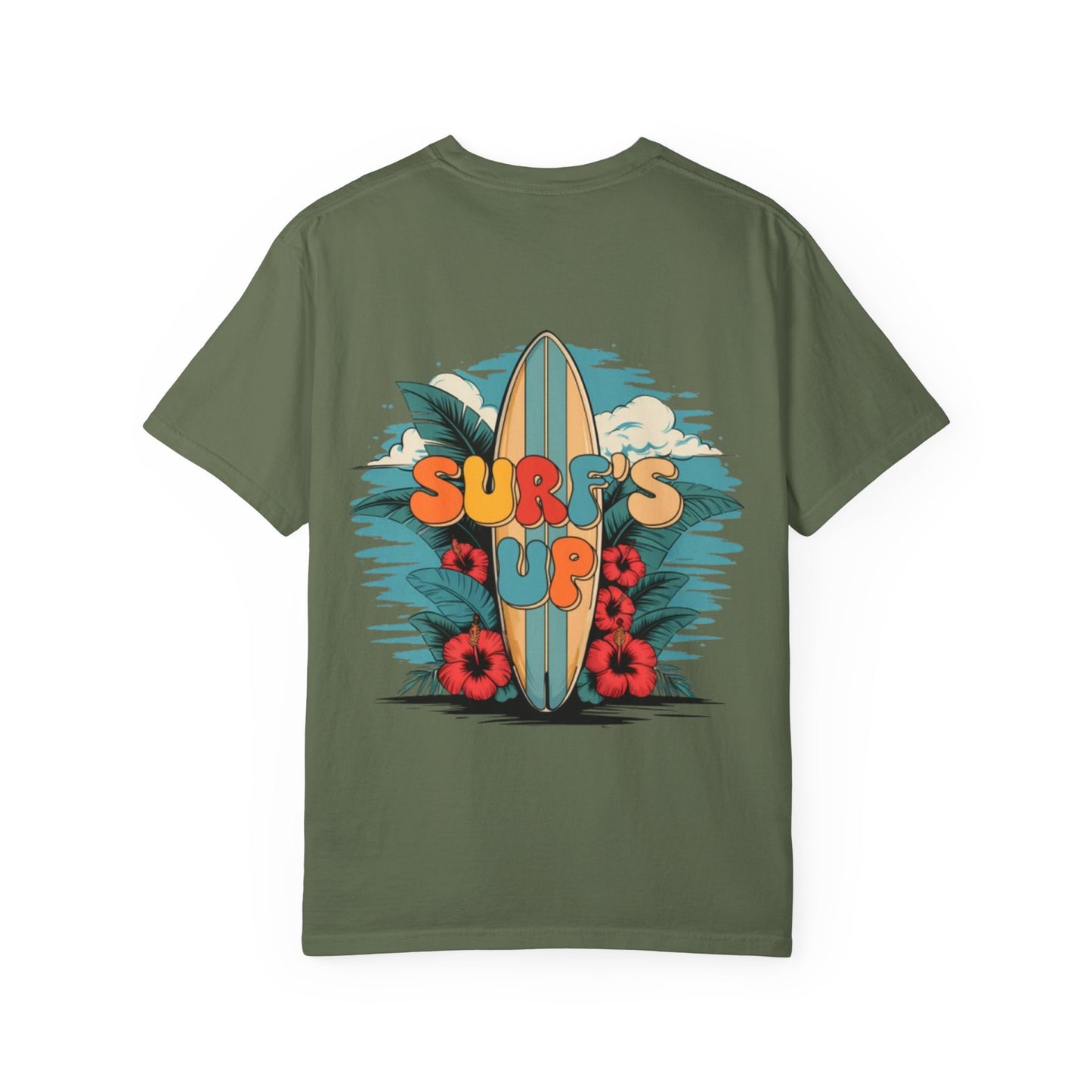 Surf's Up T-Shirt — Retro Surfboard & Hibiscus Beach Graphic