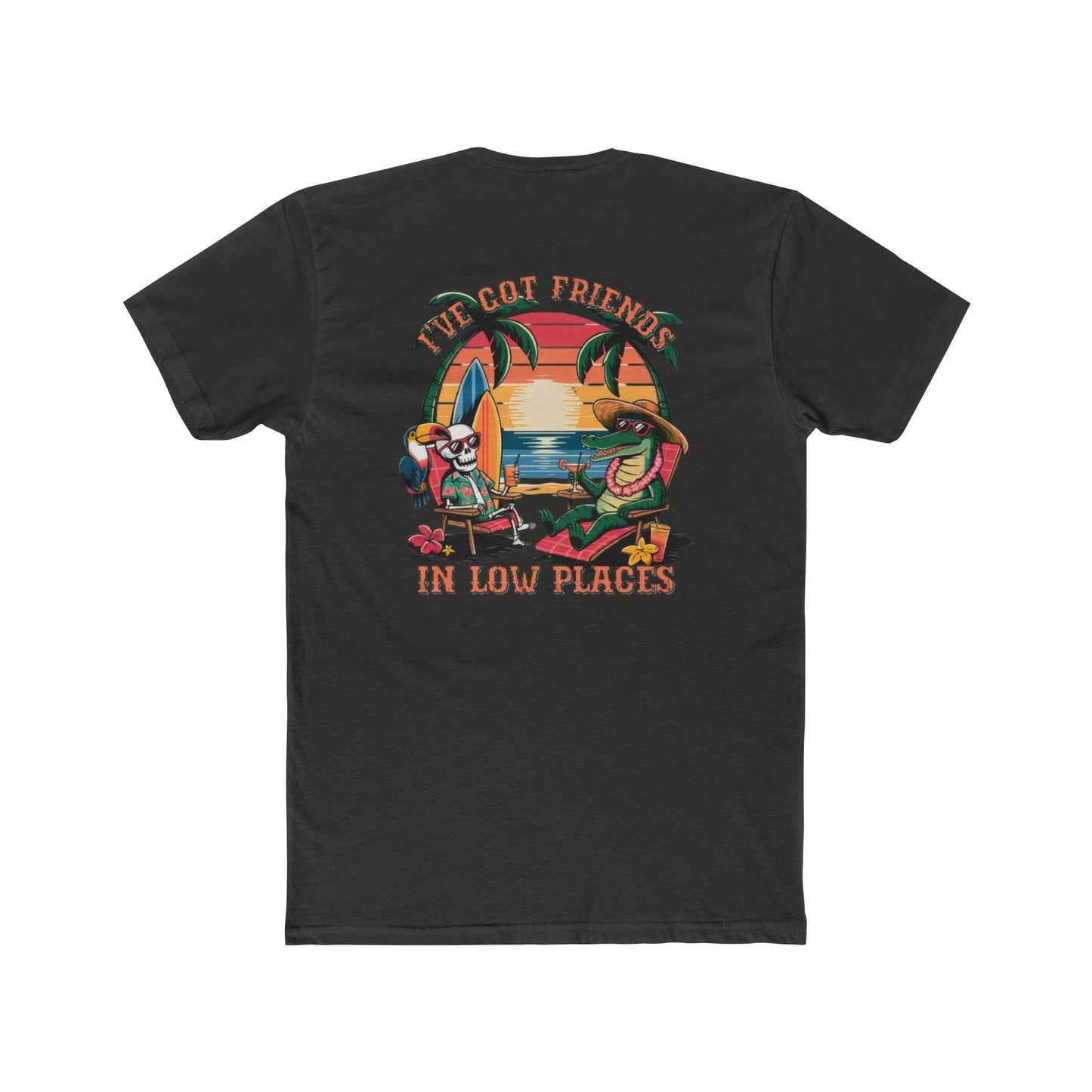 T-Shirt — Tropical 'Got Friends in Low Places' Graphic Tee (Retro Sunset, Palm Trees)