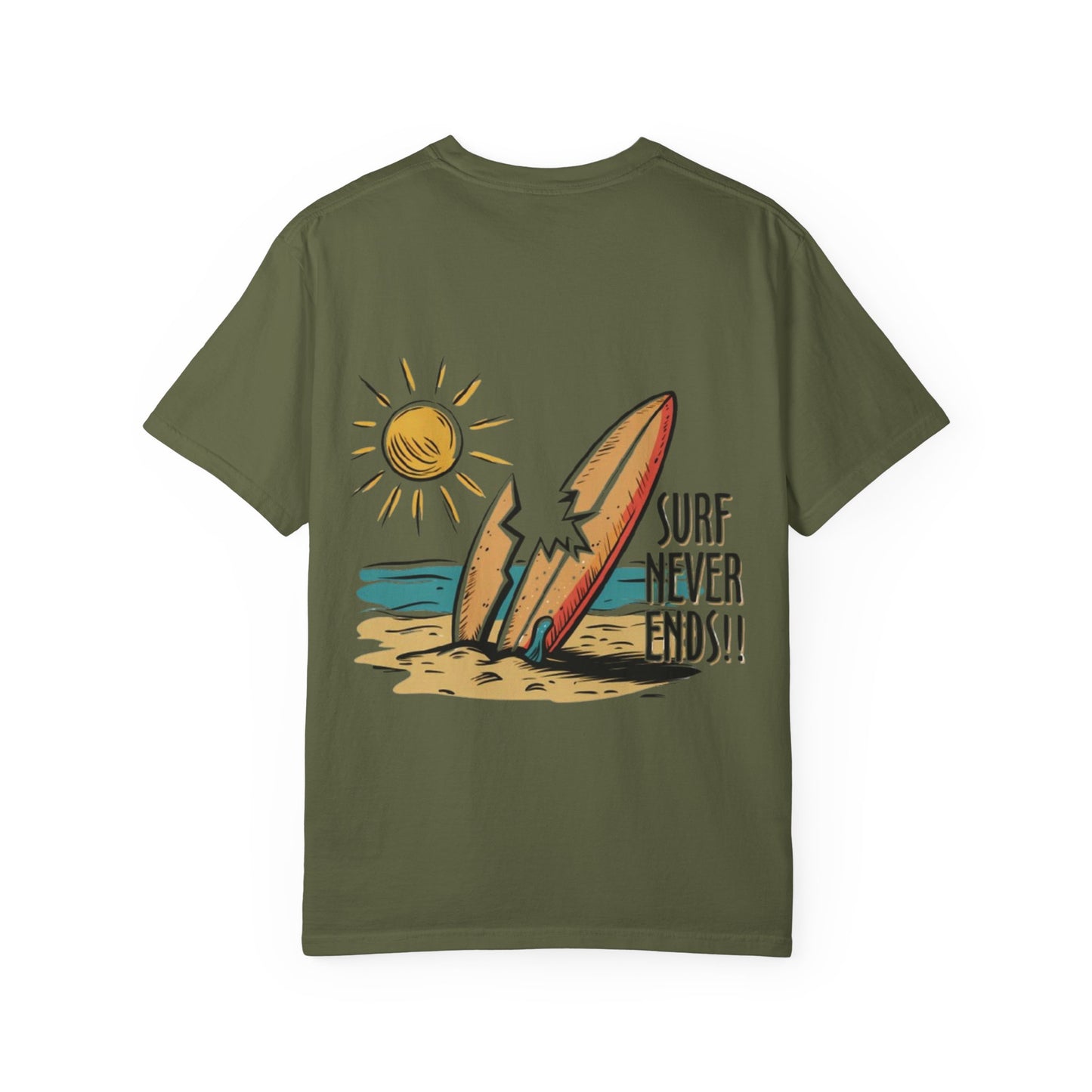 Surf Never Ends T-Shirt — Vintage Surfboard Beach Tee