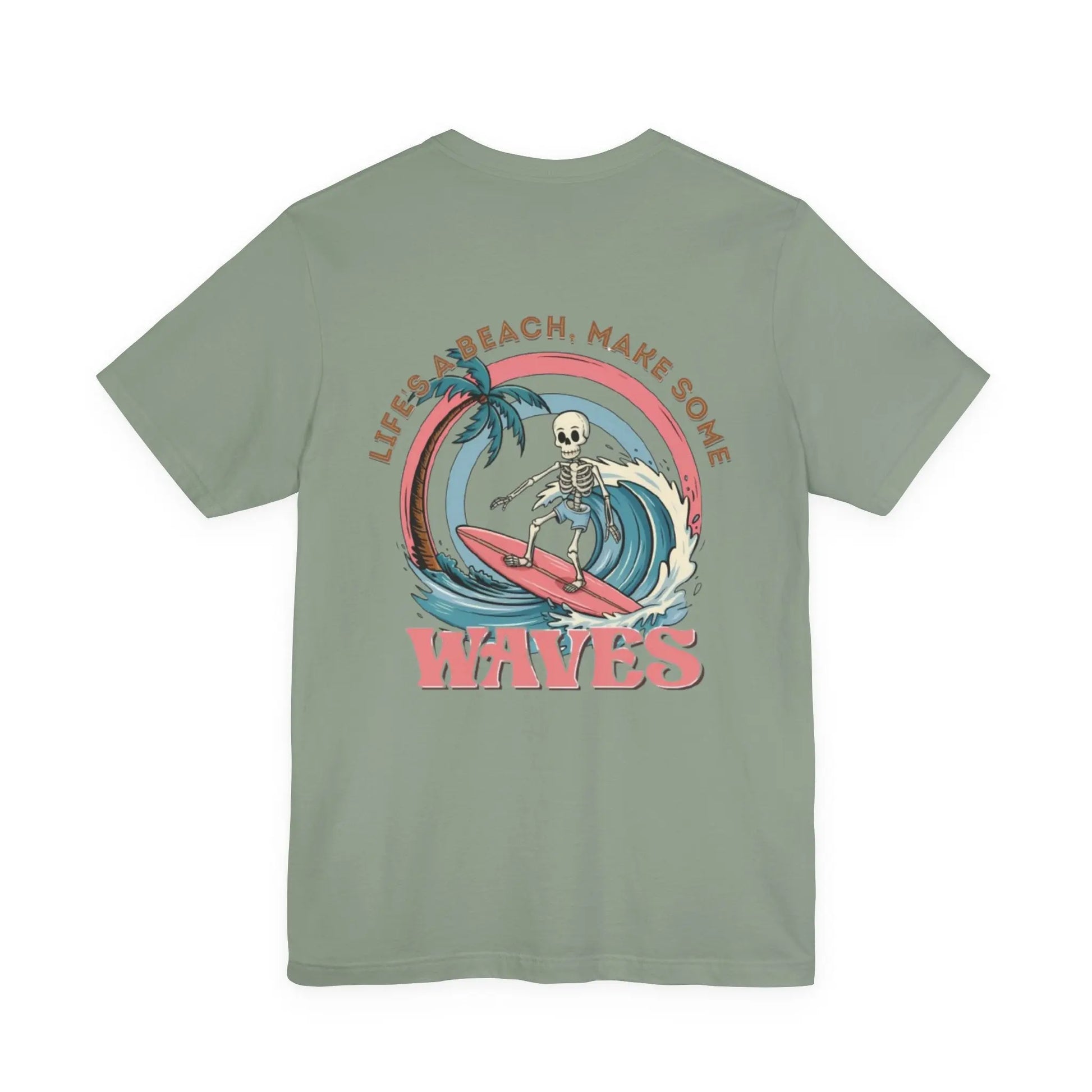 Wave Skeleton Surf T-Shirt — "Life's a Beach, Make Some Waves" Retro Tee Printify