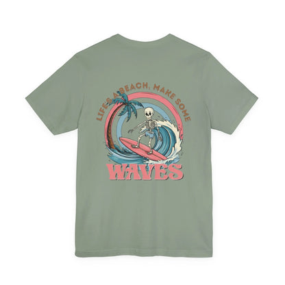 Wave Skeleton Surf T-Shirt — "Life's a Beach, Make Some Waves" Retro Tee Printify