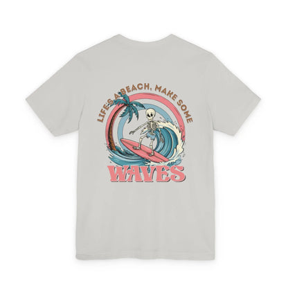 Wave Skeleton Surf T-Shirt — "Life's a Beach, Make Some Waves" Retro Tee Printify
