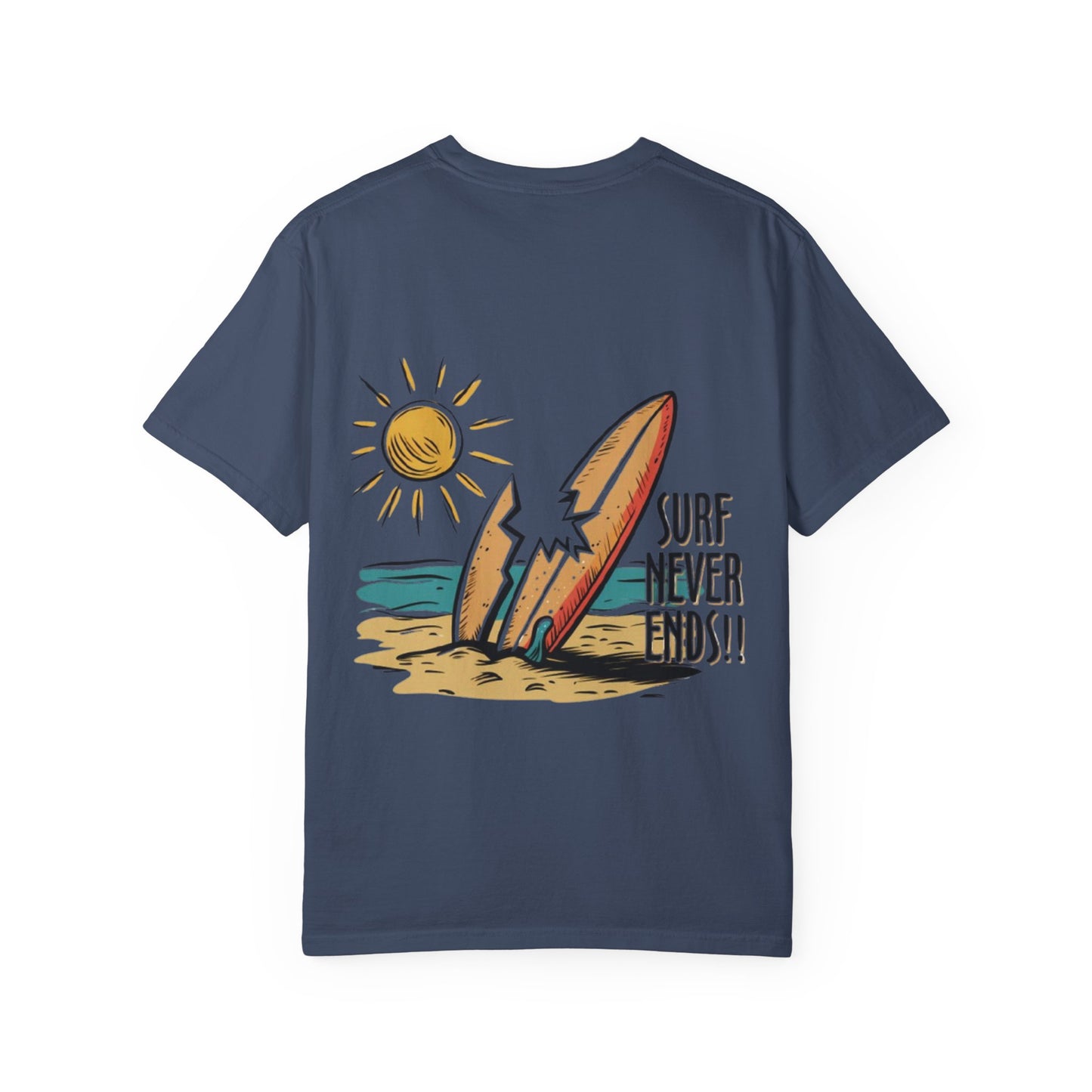 Surf Never Ends T-Shirt — Vintage Surfboard Beach Tee