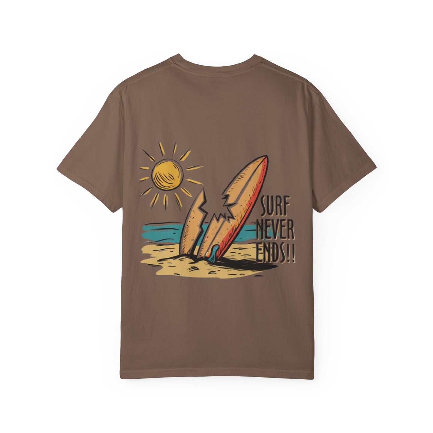 Surf Never Ends T-Shirt — Vintage Surfboard Beach Tee