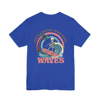 Wave Skeleton Surf T-Shirt — "Life's a Beach, Make Some Waves" Retro Tee Printify
