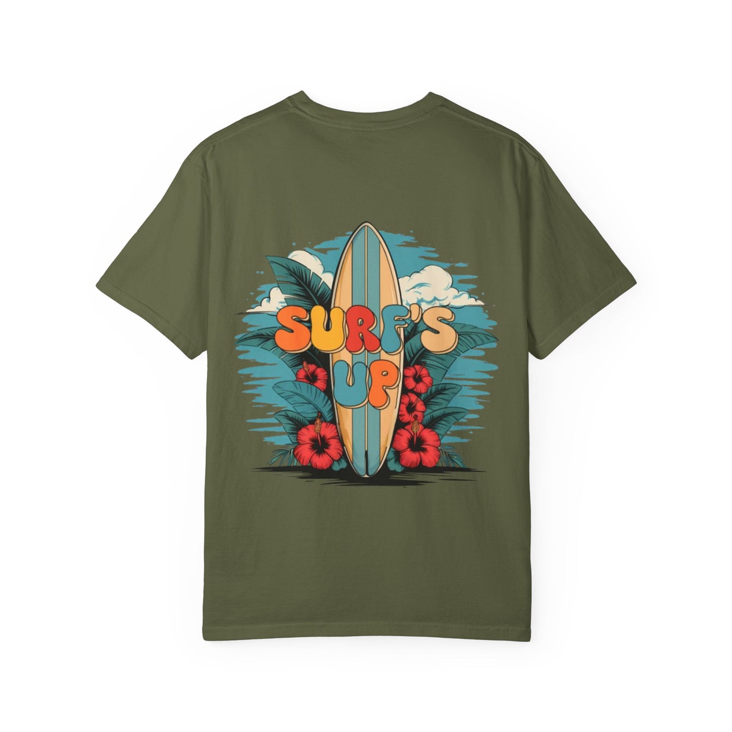 Surf's Up T-Shirt — Retro Surfboard & Hibiscus Beach Graphic