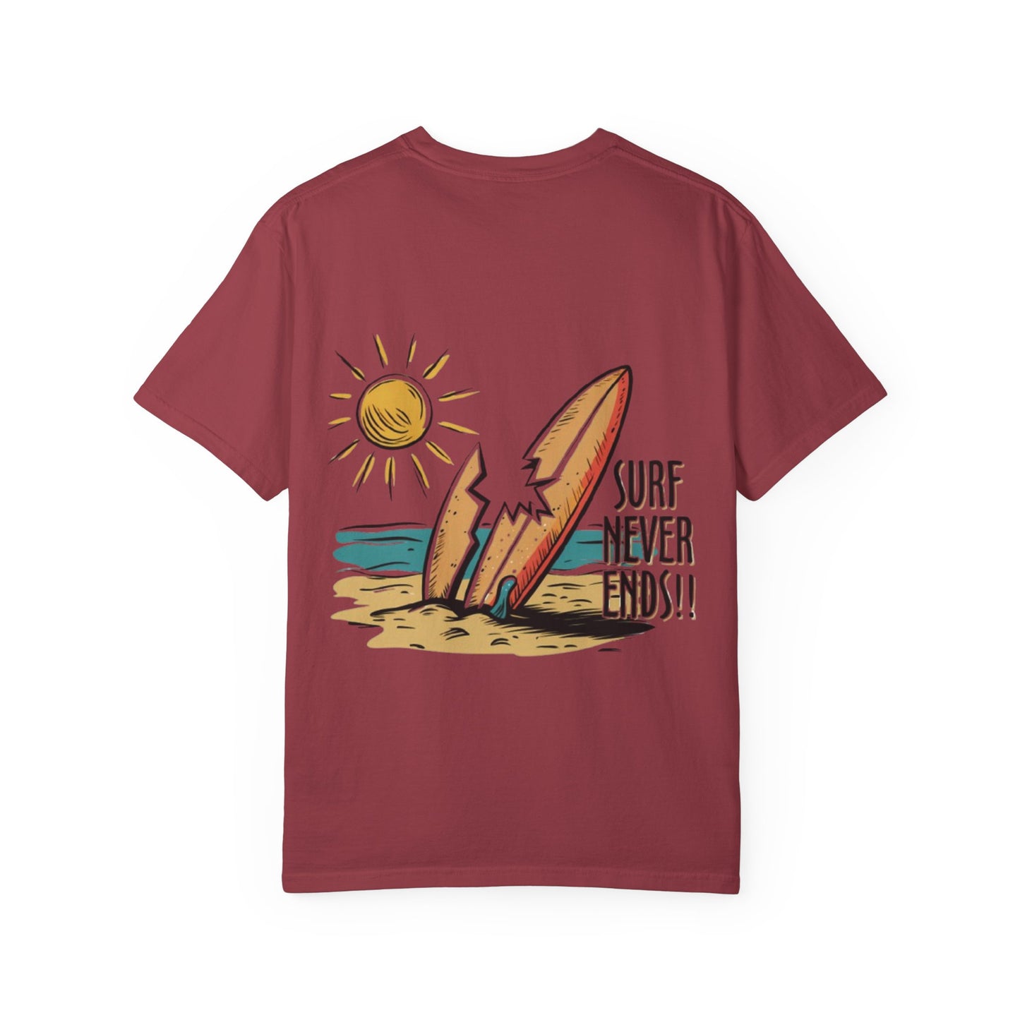 Surf Never Ends T-Shirt — Vintage Surfboard Beach Tee