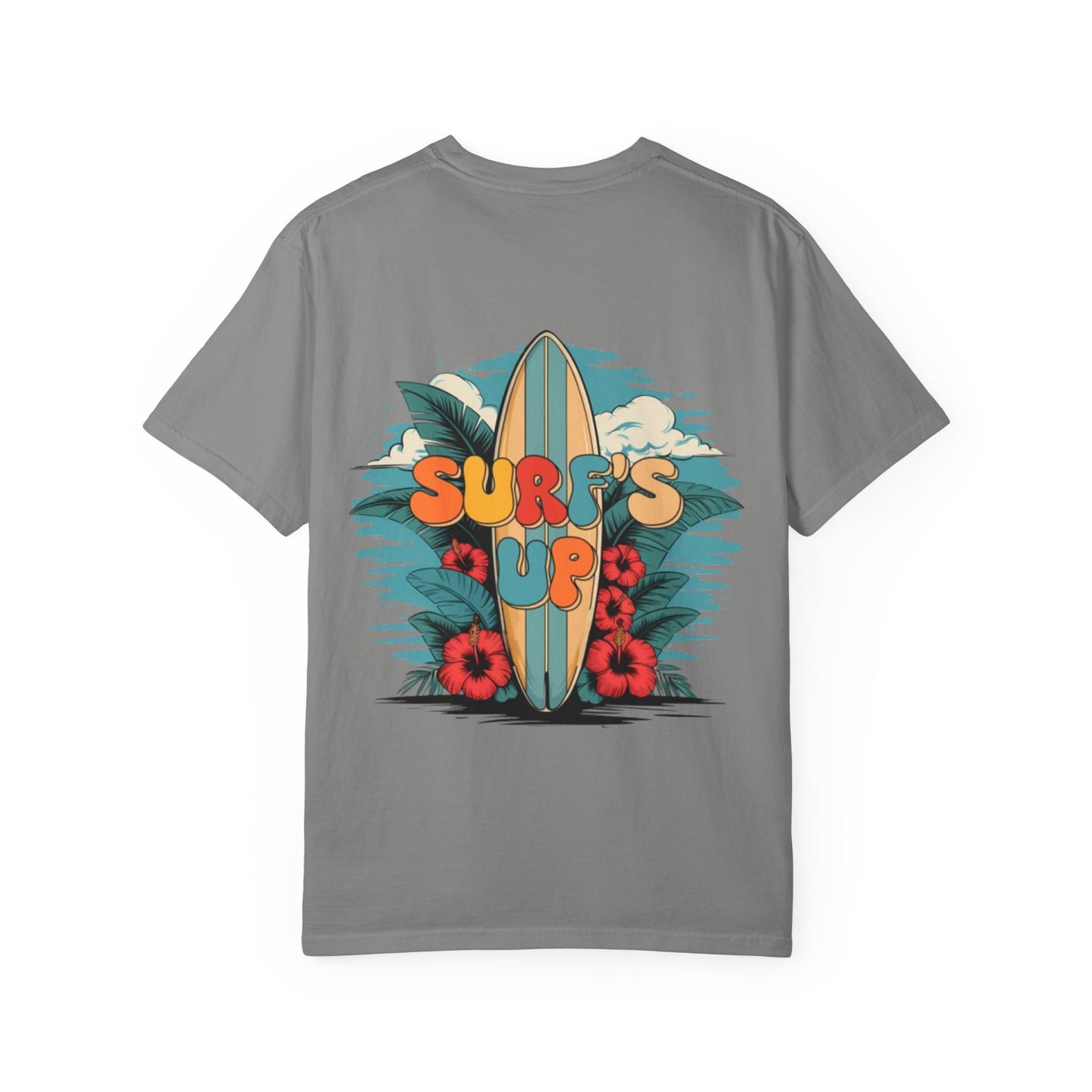 Surf's Up T-Shirt — Retro Surfboard & Hibiscus Beach Graphic