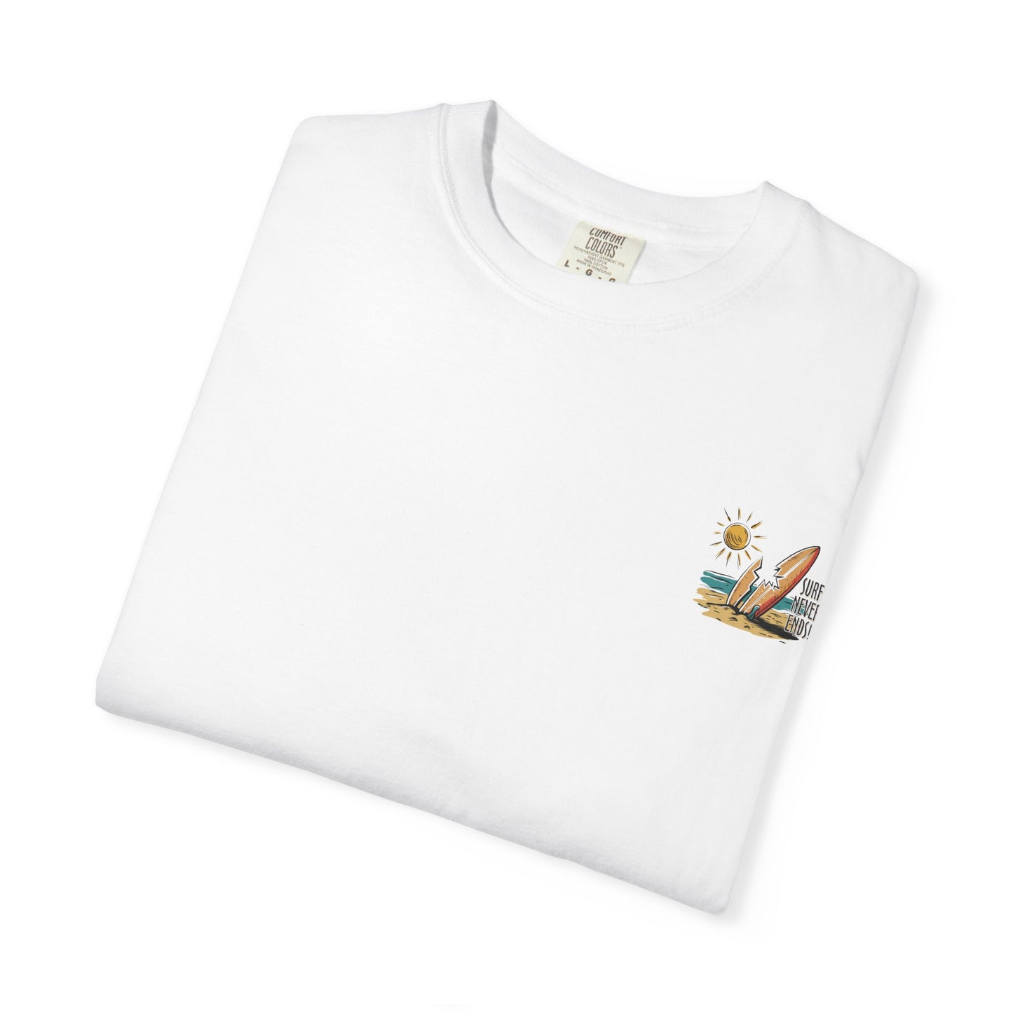 Surf Never Ends T-Shirt — Vintage Surfboard Beach Tee