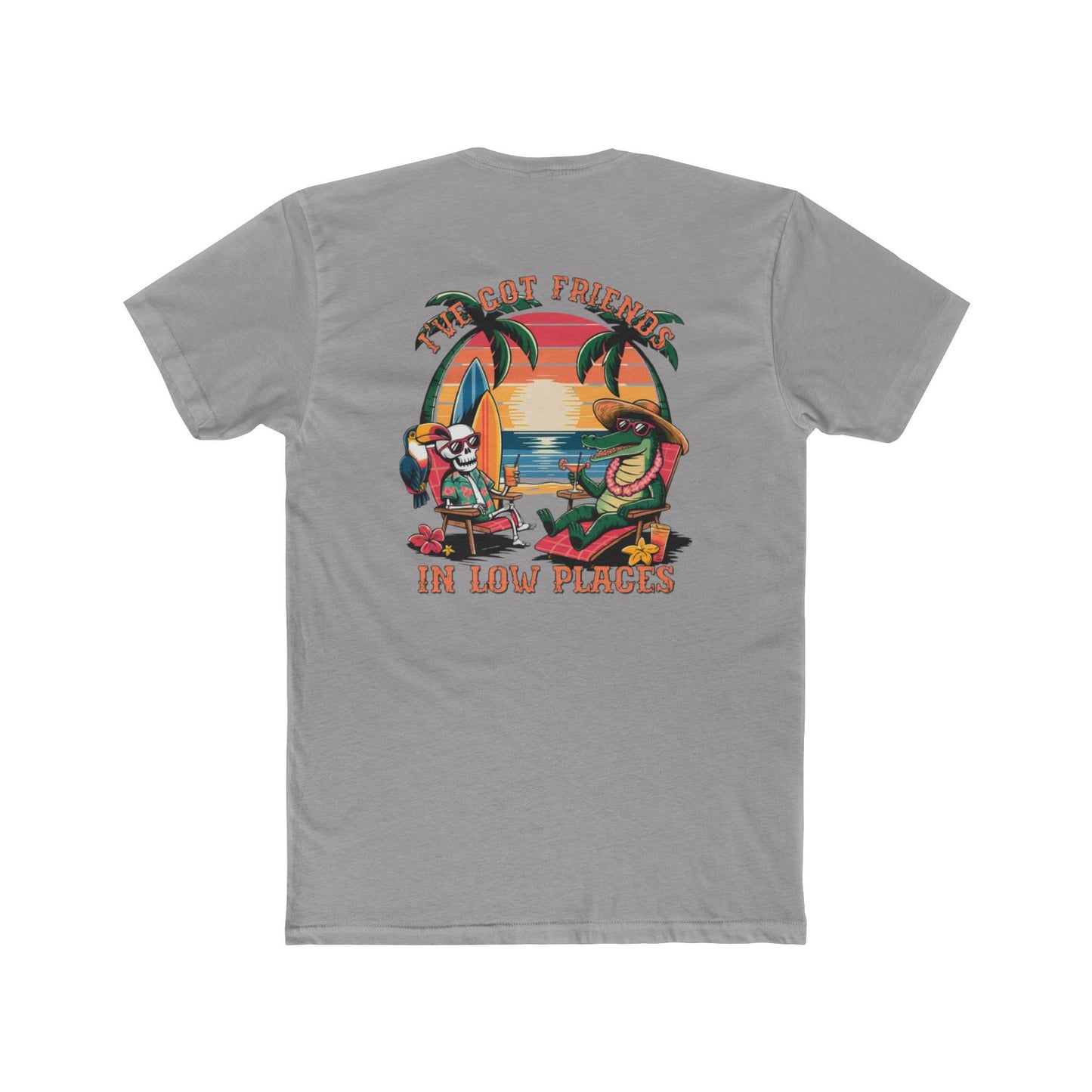 T-Shirt — Tropical 'Got Friends in Low Places' Graphic Tee (Retro Sunset, Palm Trees)