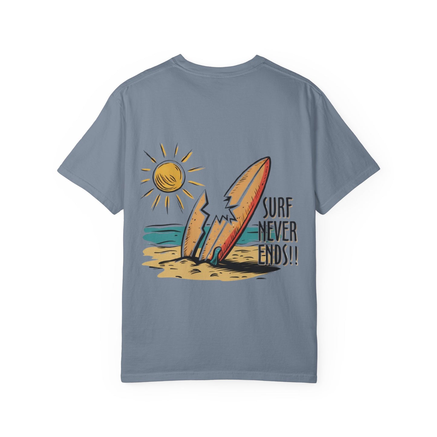Surf Never Ends T-Shirt — Vintage Surfboard Beach Tee