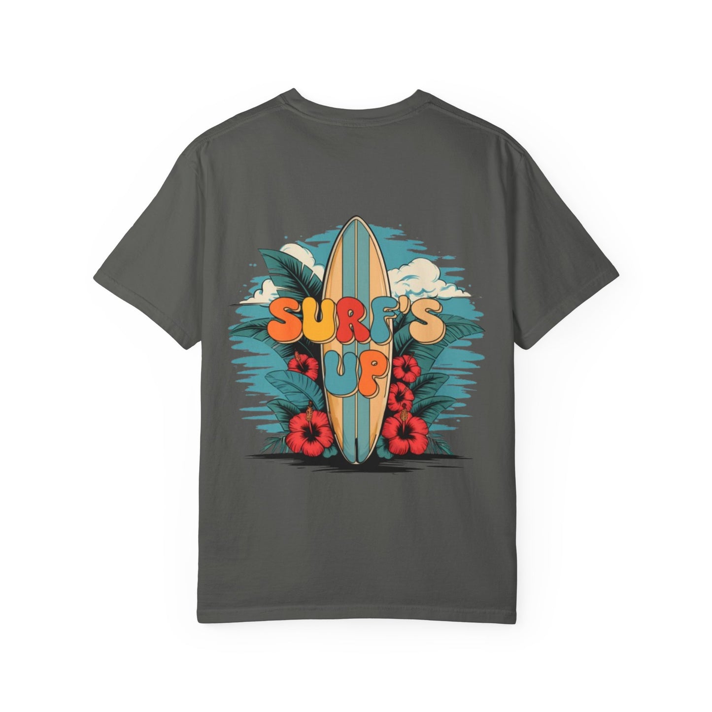 Surf's Up T-Shirt — Retro Surfboard & Hibiscus Beach Graphic