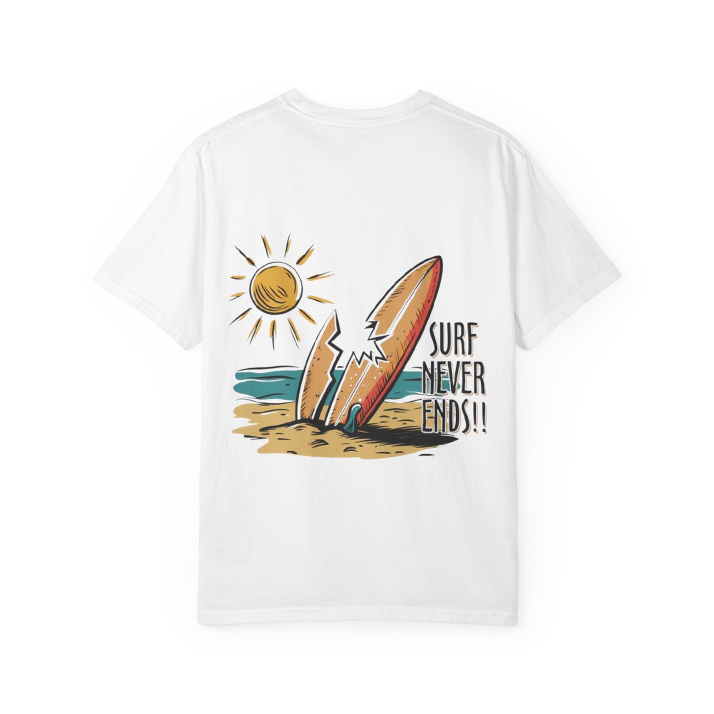 Surf Never Ends T-Shirt — Vintage Surfboard Beach Tee