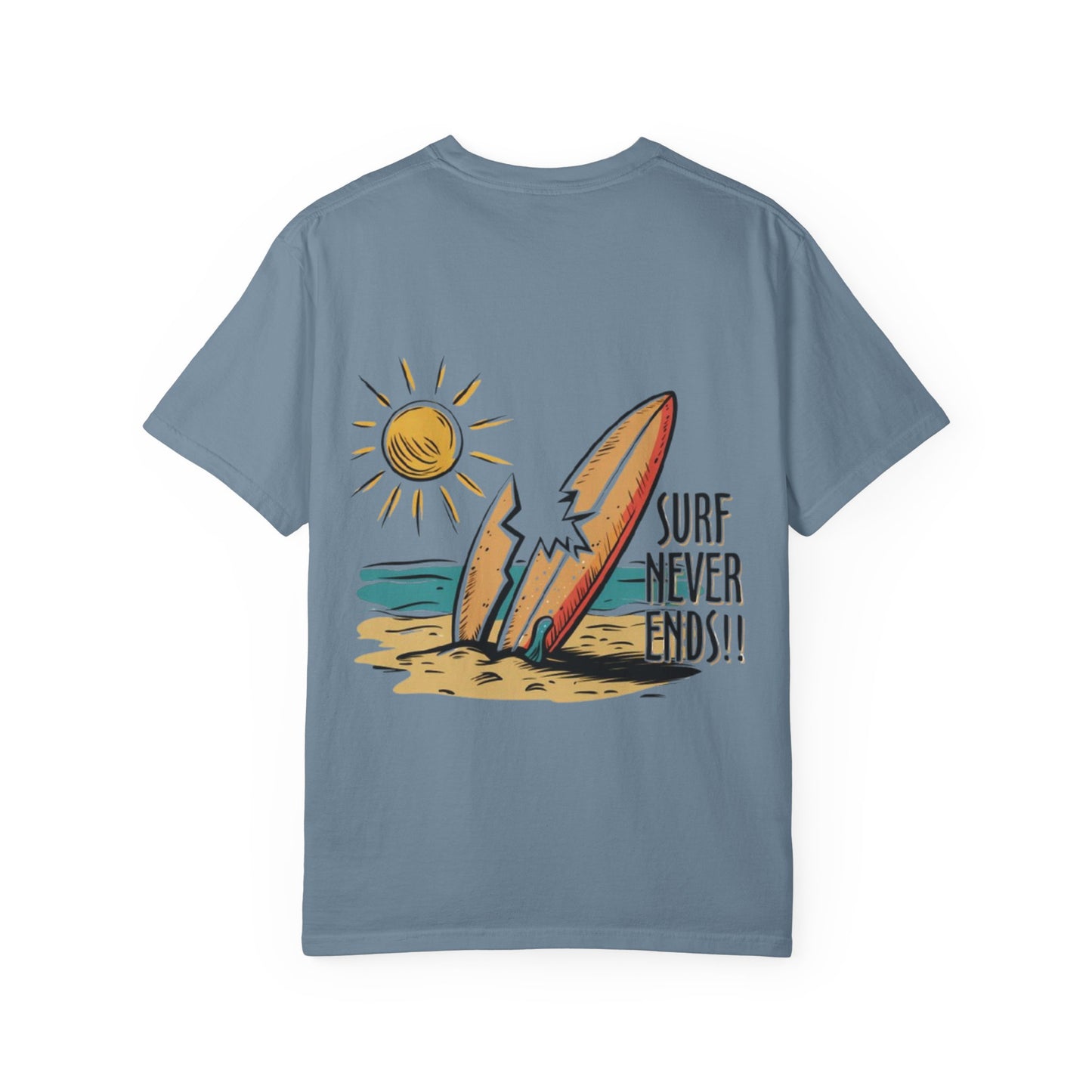 Surf Never Ends T-Shirt — Vintage Surfboard Beach Tee