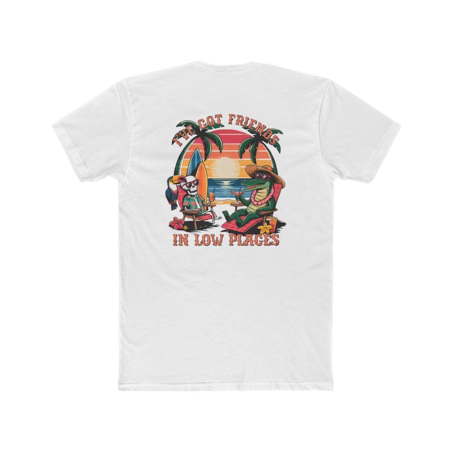 T-Shirt — Tropical 'Got Friends in Low Places' Graphic Tee (Retro Sunset, Palm Trees)