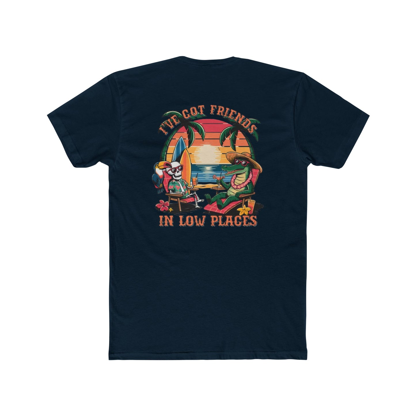 T-Shirt — Tropical 'Got Friends in Low Places' Graphic Tee (Retro Sunset, Palm Trees)
