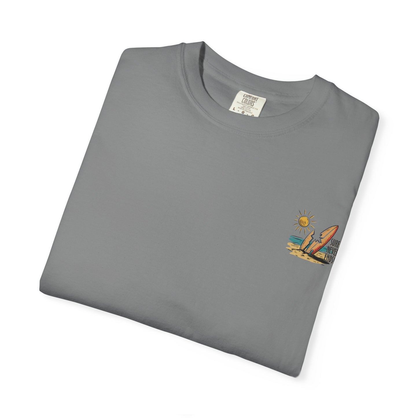 Surf Never Ends T-Shirt — Vintage Surfboard Beach Tee