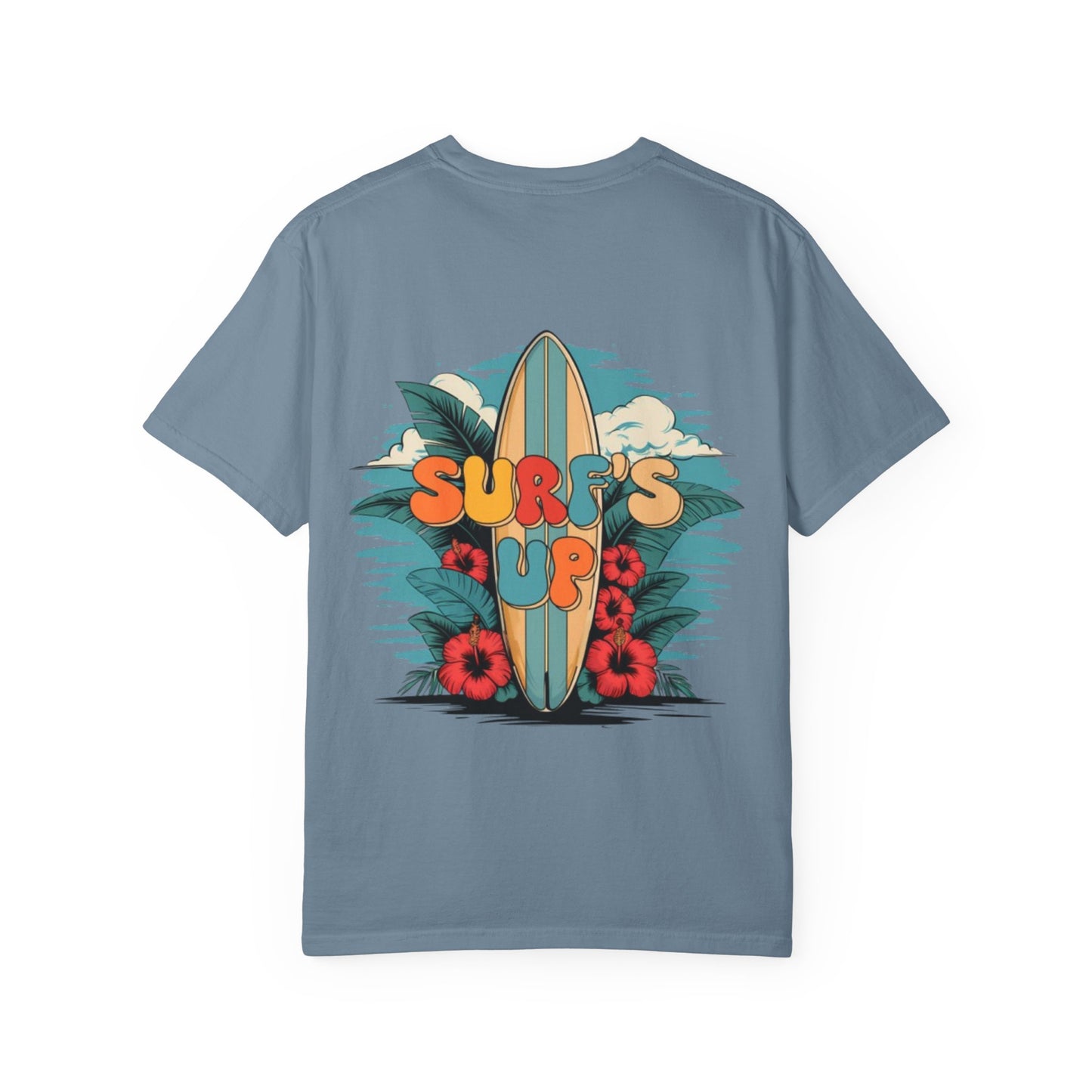 Surf's Up T-Shirt — Retro Surfboard & Hibiscus Beach Graphic
