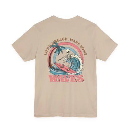 Wave Skeleton Surf T-Shirt — "Life's a Beach, Make Some Waves" Retro Tee Printify