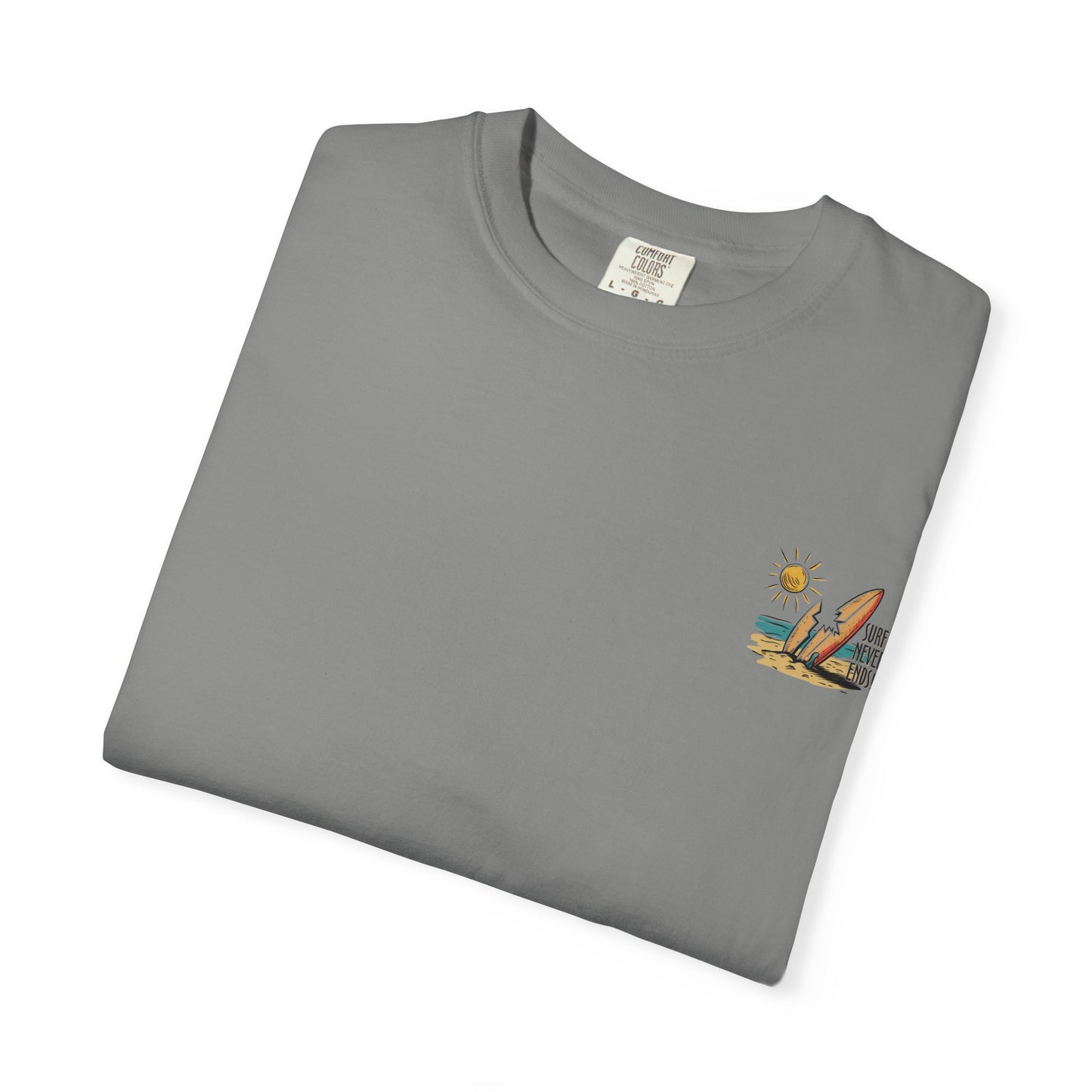 Surf Never Ends T-Shirt — Vintage Surfboard Beach Tee