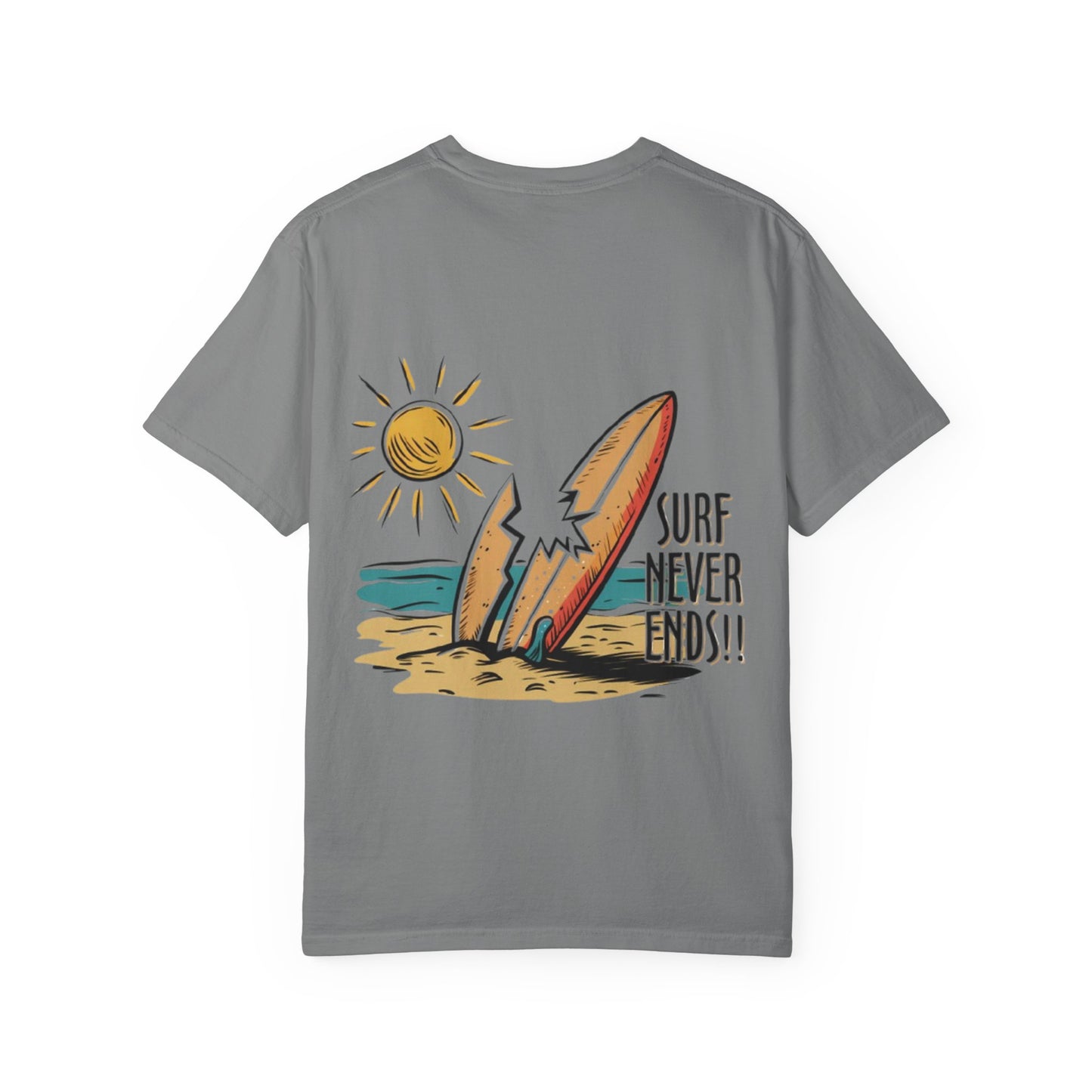 Surf Never Ends T-Shirt — Vintage Surfboard Beach Tee