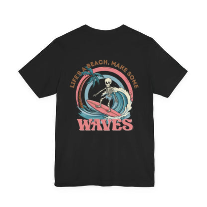 Wave Skeleton Surf T-Shirt — "Life's a Beach, Make Some Waves" Retro Tee Printify
