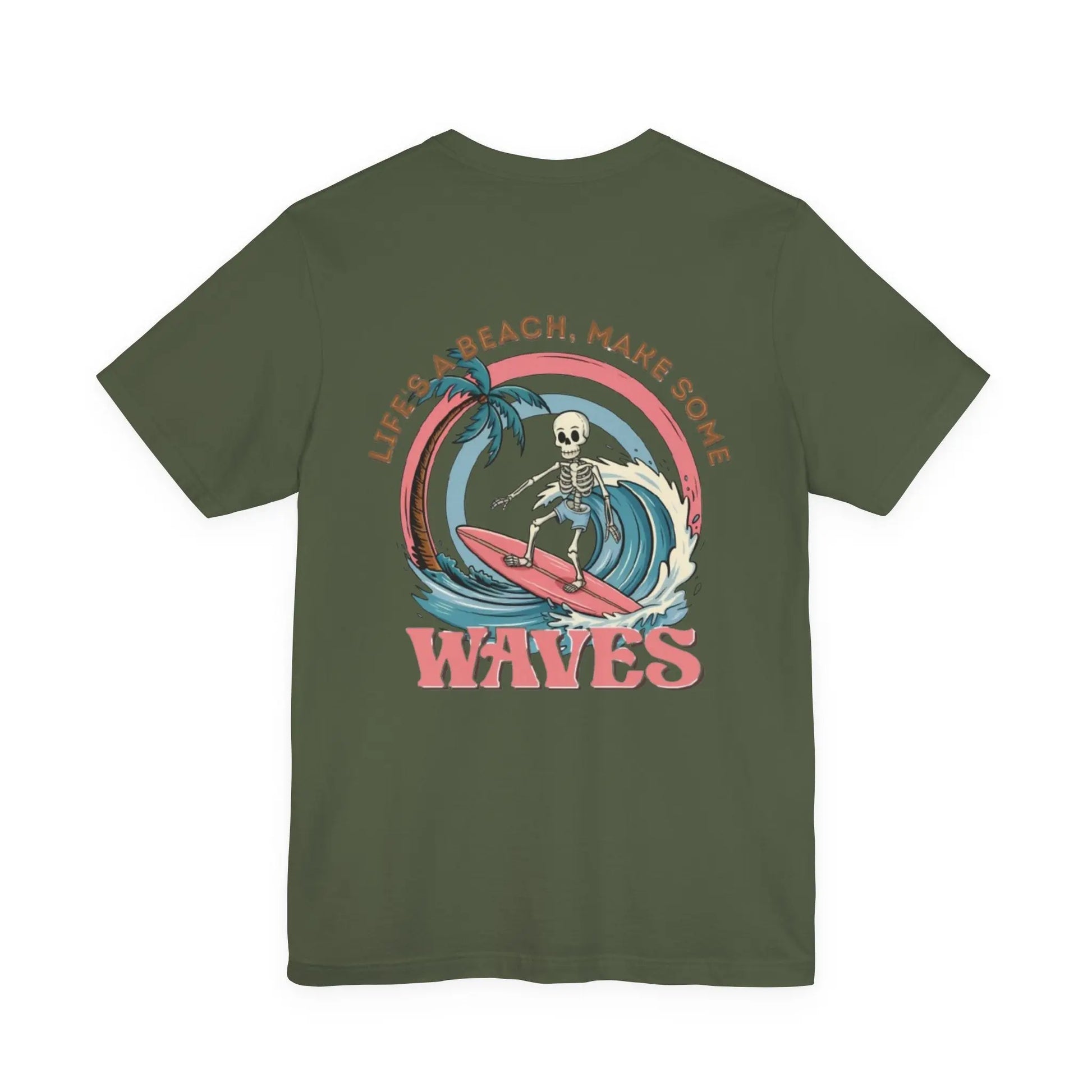 Wave Skeleton Surf T-Shirt — "Life's a Beach, Make Some Waves" Retro Tee Printify