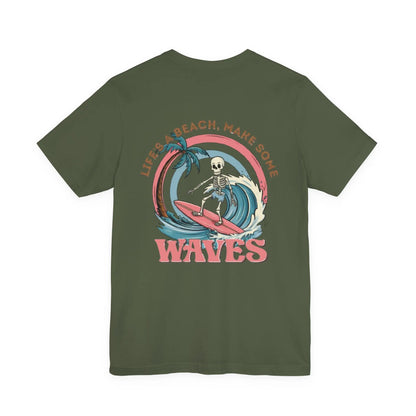 Wave Skeleton Surf T-Shirt — "Life's a Beach, Make Some Waves" Retro Tee Printify