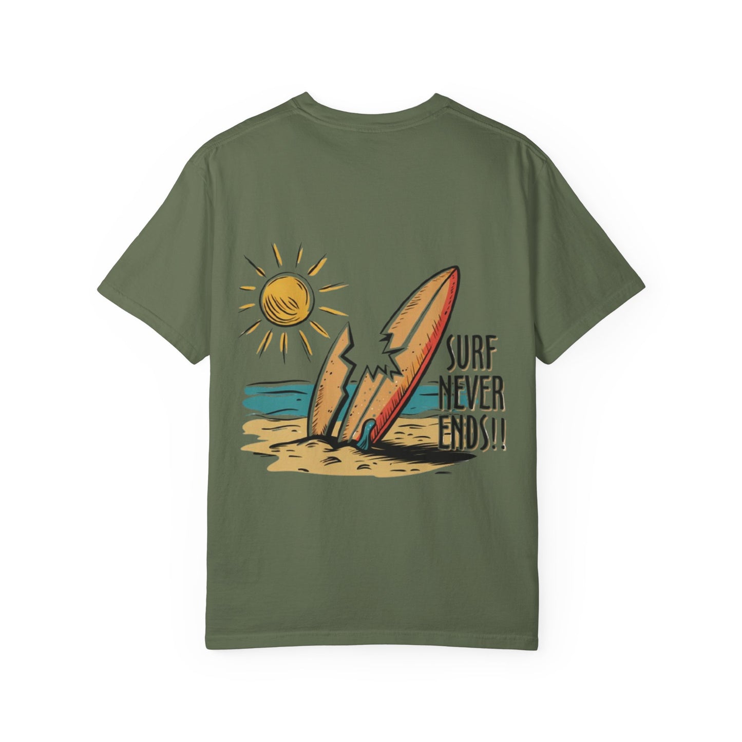 Surf Never Ends T-Shirt — Vintage Surfboard Beach Tee