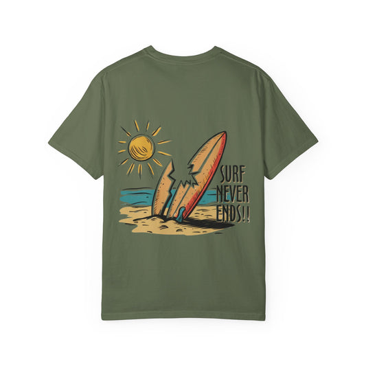 Surf Never Ends T-Shirt — Vintage Surfboard Beach Tee