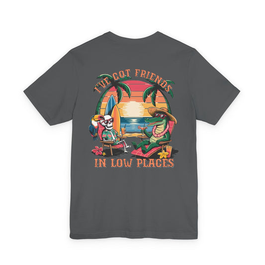 T-Shirt — Tropical 'Got Friends in Low Places' Graphic Tee (Retro Sunset, Palm Trees)