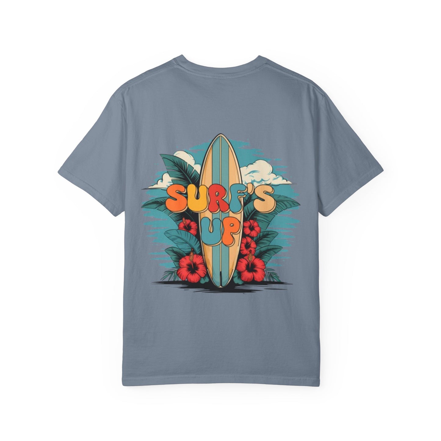 Surf's Up T-Shirt — Retro Surfboard & Hibiscus Beach Graphic