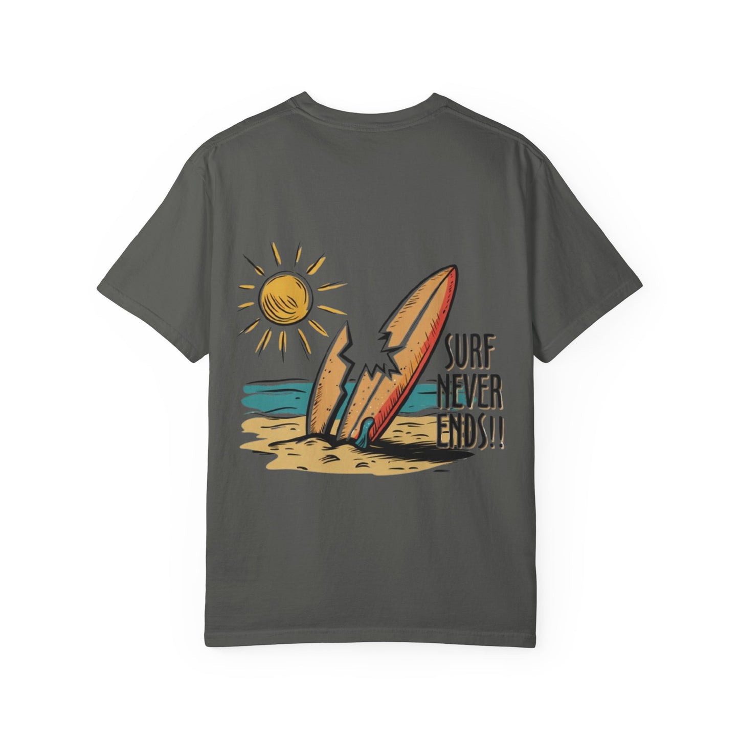 Surf Never Ends T-Shirt — Vintage Surfboard Beach Tee
