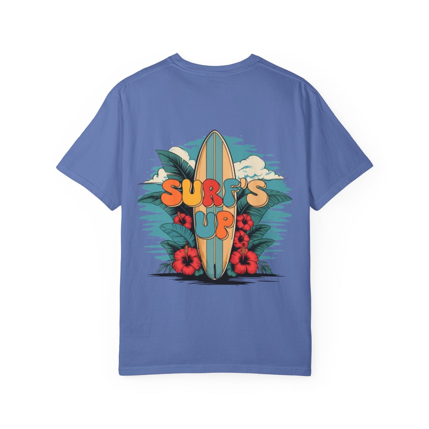 Surf's Up T-Shirt — Retro Surfboard & Hibiscus Beach Graphic