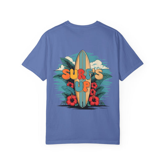 Surf's Up T-Shirt — Retro Surfboard & Hibiscus Beach Graphic