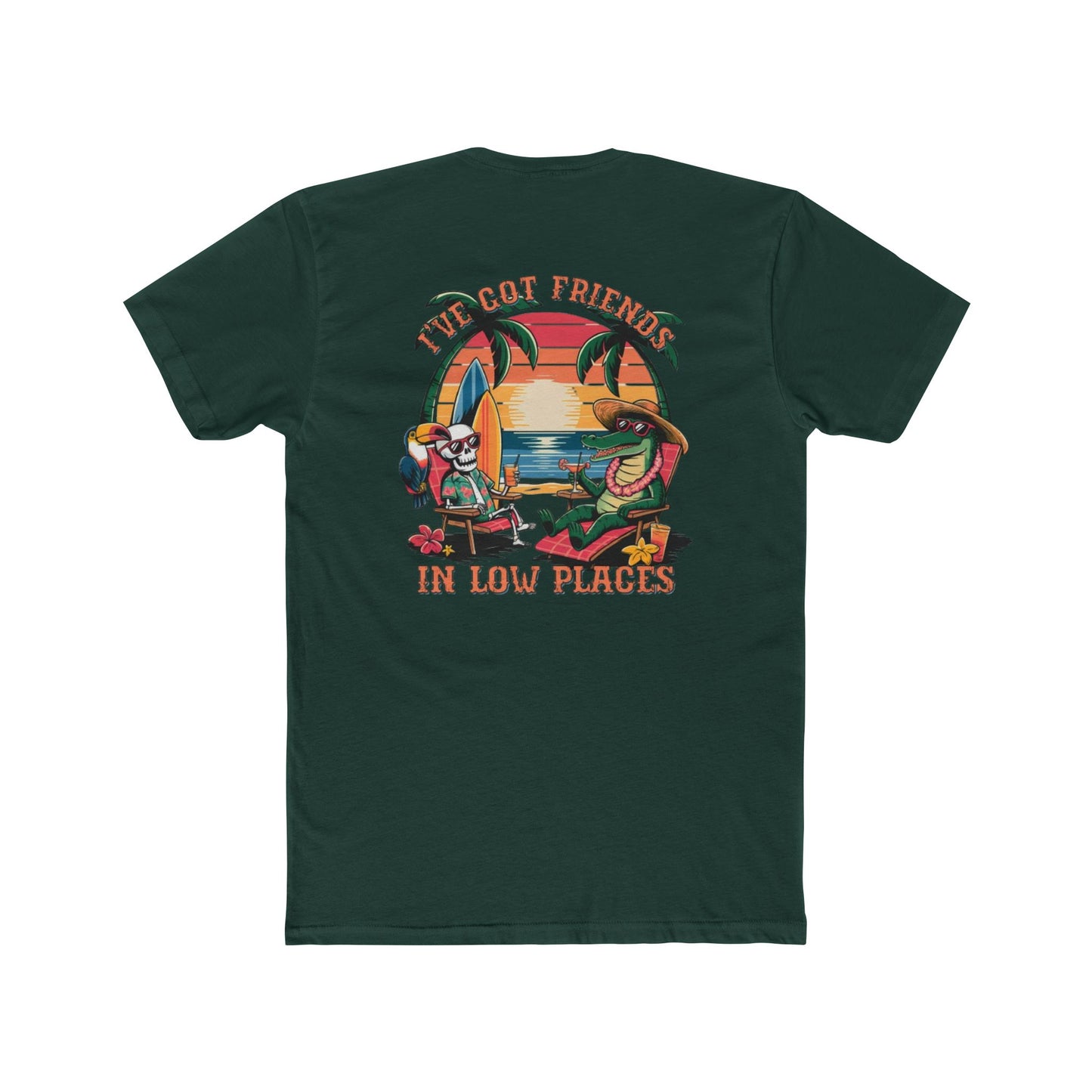 T-Shirt — Tropical 'Got Friends in Low Places' Graphic Tee (Retro Sunset, Palm Trees)