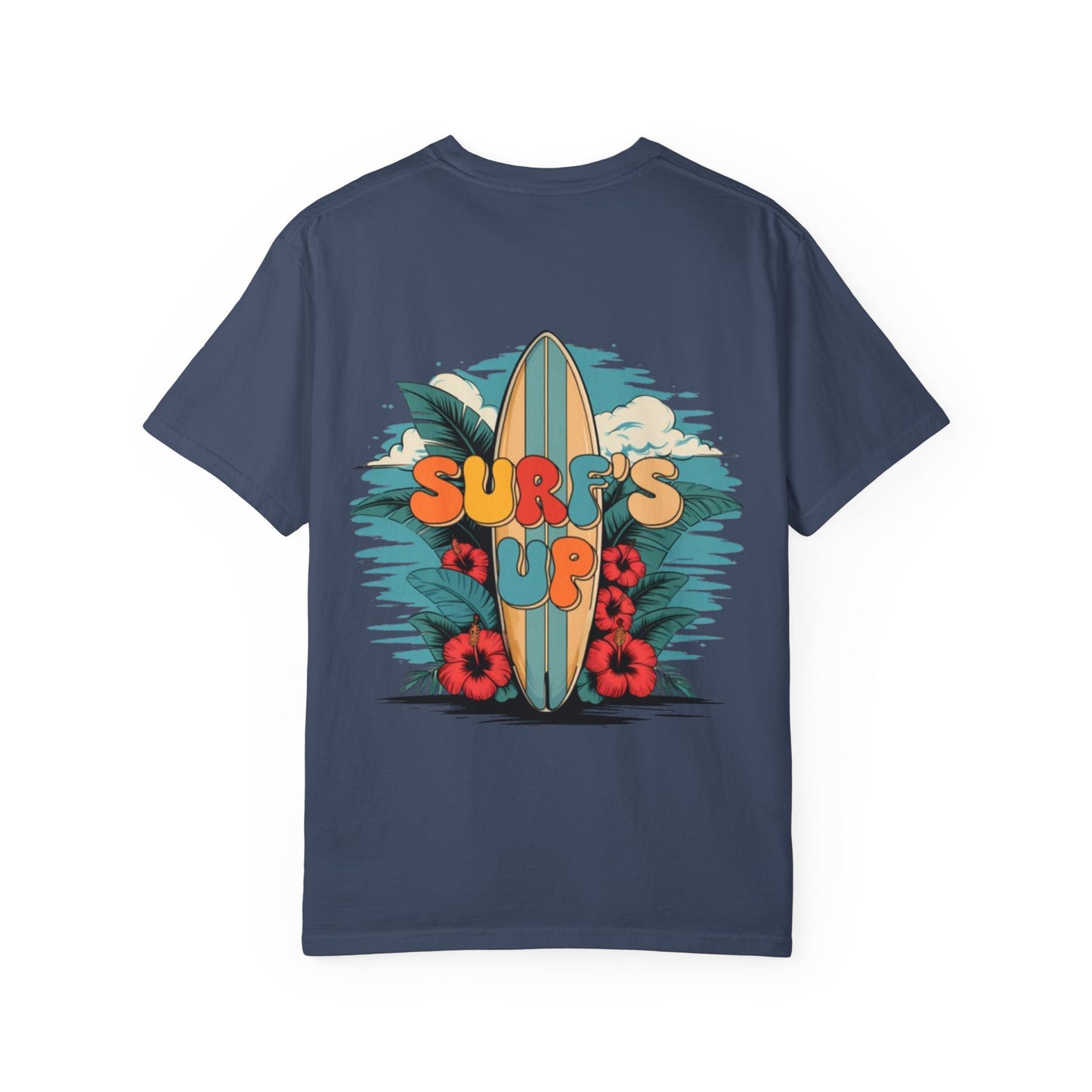 Surf's Up T-Shirt — Retro Surfboard & Hibiscus Beach Graphic