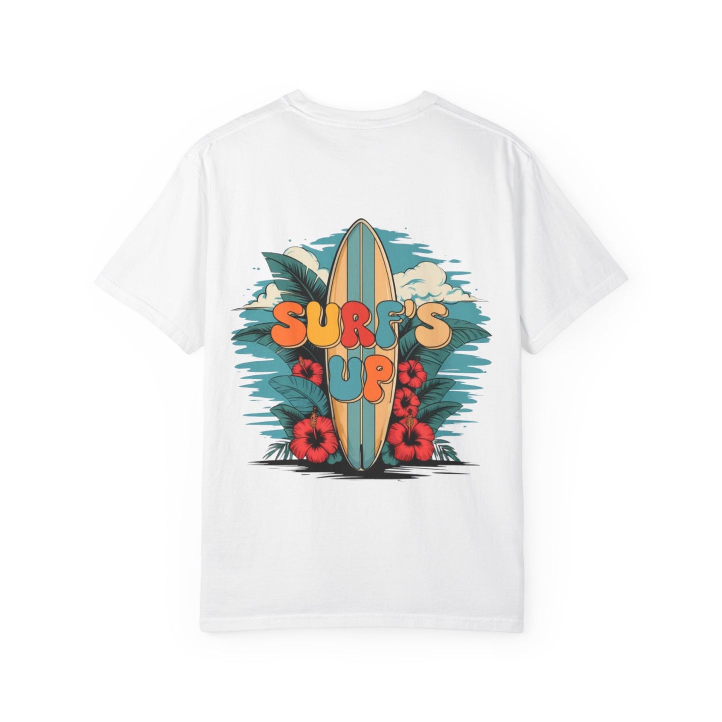 Surf's Up T-Shirt — Retro Surfboard & Hibiscus Beach Graphic